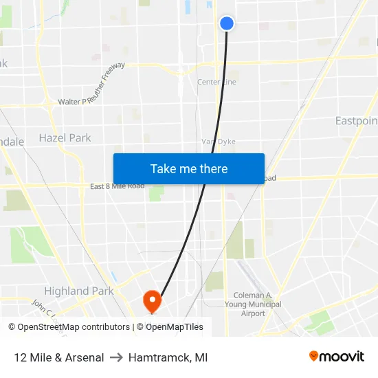 12 Mile & Arsenal to Hamtramck, MI map