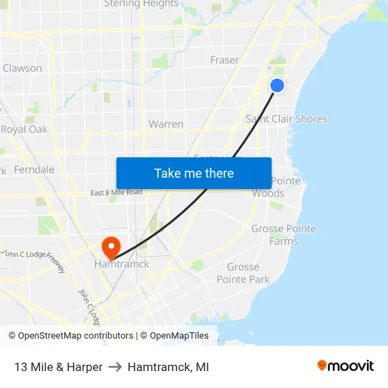 13 Mile & Harper to Hamtramck, MI map
