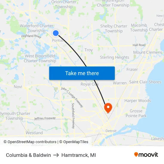 Columbia & Baldwin to Hamtramck, MI map