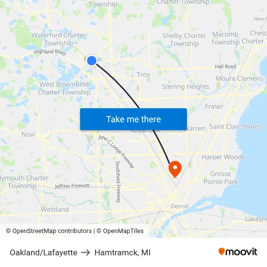 Oakland/Lafayette to Hamtramck, MI map