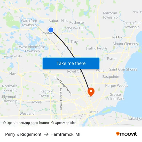 Perry & Ridgemont to Hamtramck, MI map