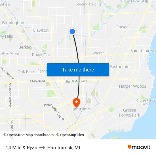 14 Mile & Ryan to Hamtramck, MI map