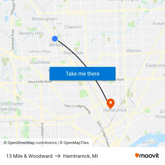 13 Mile & Woodward to Hamtramck, MI map