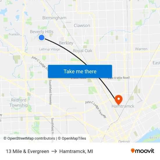 13 Mile & Evergreen to Hamtramck, MI map