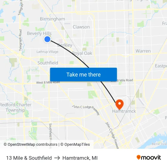 13 Mile & Southfield to Hamtramck, MI map