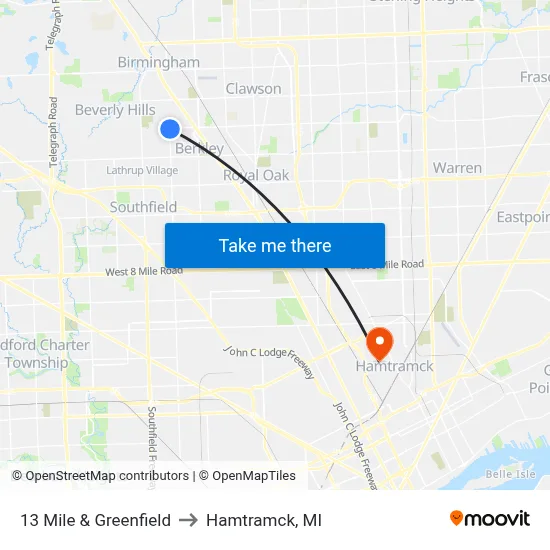 13 Mile & Greenfield to Hamtramck, MI map