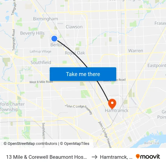 13 Mile & Corewell Beaumont Hospital to Hamtramck, MI map