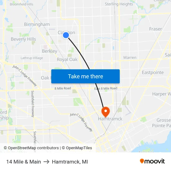 14 Mile & Main to Hamtramck, MI map