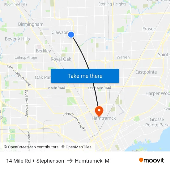 14 Mile Rd + Stephenson to Hamtramck, MI map