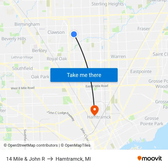 14 Mile & John R to Hamtramck, MI map