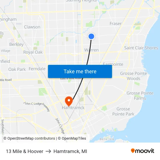 13 Mile & Hoover to Hamtramck, MI map