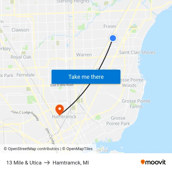 13 Mile & Utica to Hamtramck, MI map