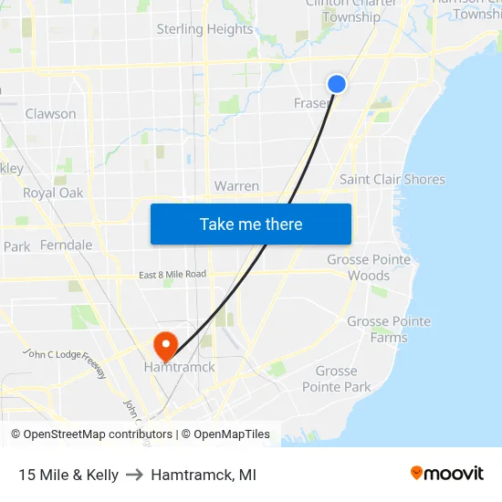 15 Mile & Kelly to Hamtramck, MI map