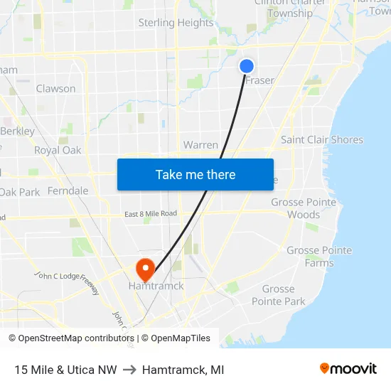 15 Mile & Utica NW to Hamtramck, MI map