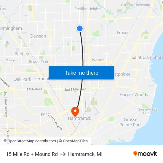 15 Mile & Mound to Hamtramck, MI map