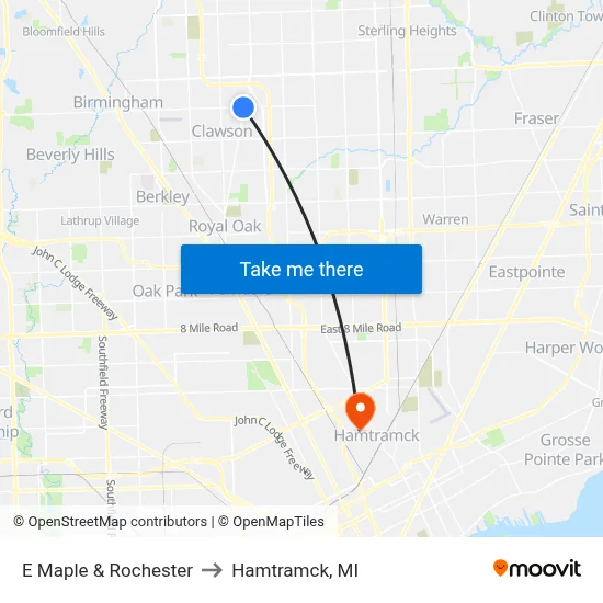 E Maple & Rochester to Hamtramck, MI map