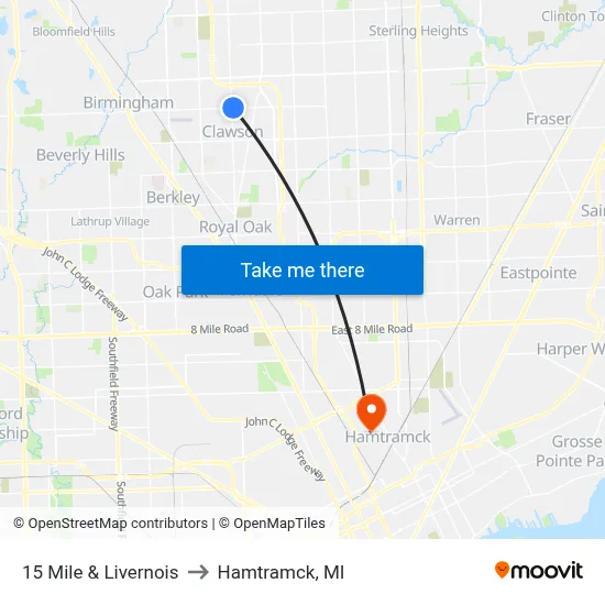 15 Mile & Livernois to Hamtramck, MI map