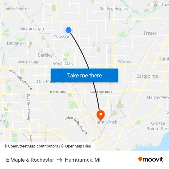 E Maple & Rochester to Hamtramck, MI map