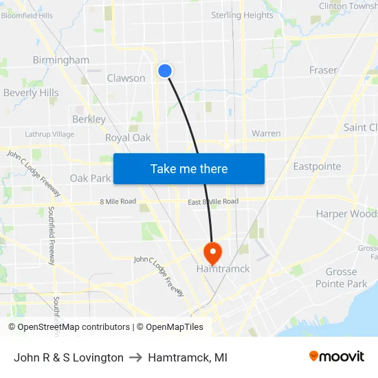 John R & S Lovington to Hamtramck, MI map