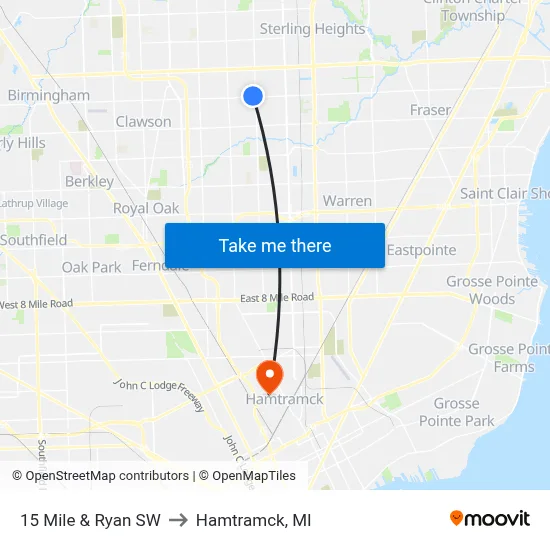 15 Mile & Ryan SW to Hamtramck, MI map