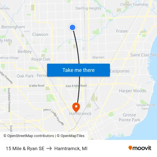 15 Mile & Ryan SE to Hamtramck, MI map