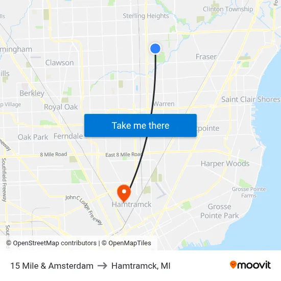 15 Mile & Amsterdam to Hamtramck, MI map