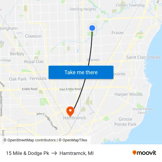 15 Mile & Dodge Pk to Hamtramck, MI map