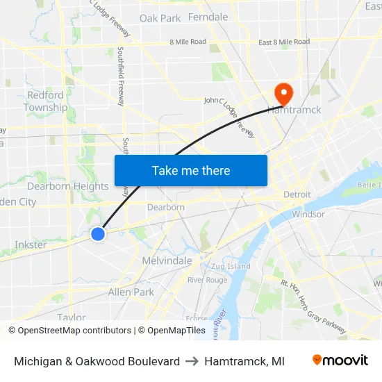 Michigan & Oakwood Boulevard to Hamtramck, MI map