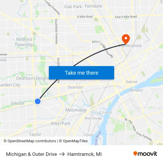 Michigan & Outer Drive to Hamtramck, MI map