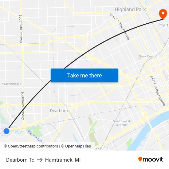 Dearborn Tc to Hamtramck, MI map