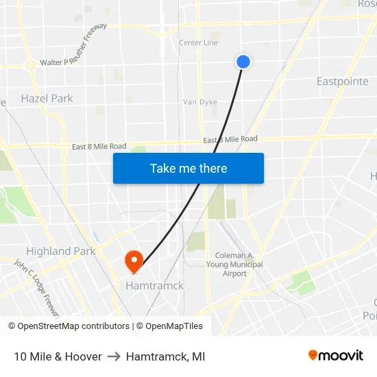 10 Mile & Hoover to Hamtramck, MI map