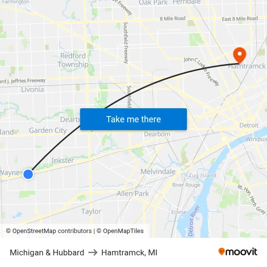 Michigan & Hubbard to Hamtramck, MI map