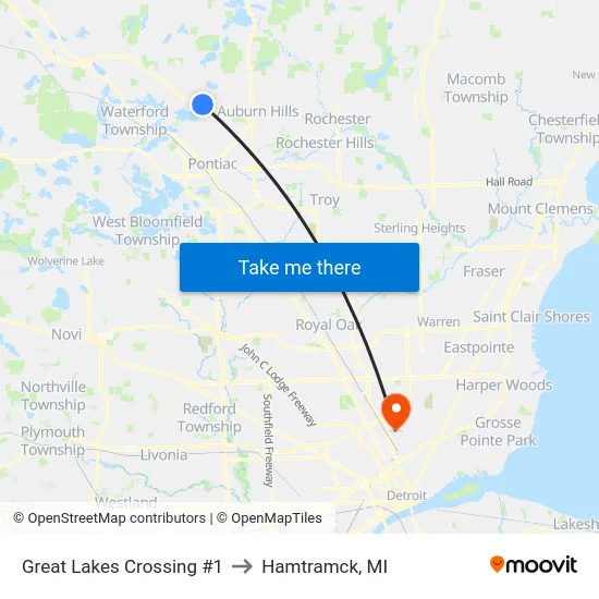 Great Lakes Crossing to Hamtramck, MI map