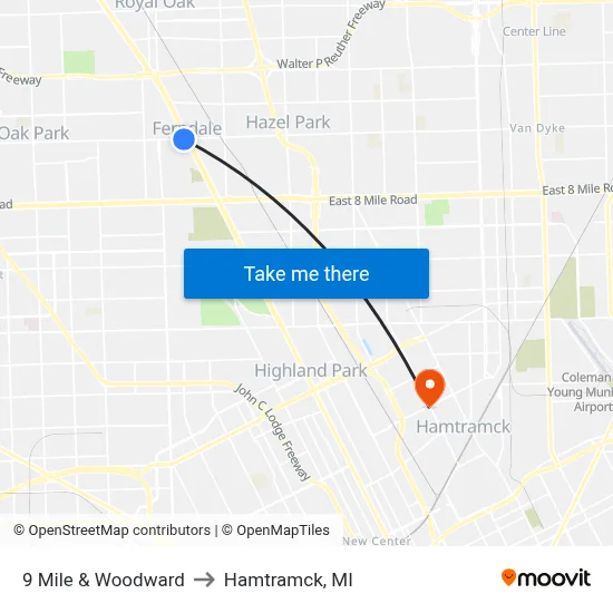 9 Mile & Woodward to Hamtramck, MI map