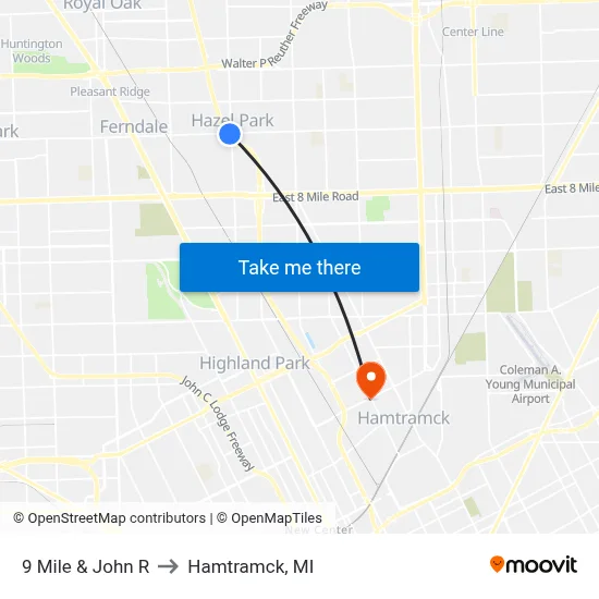 9 Mile & John R to Hamtramck, MI map