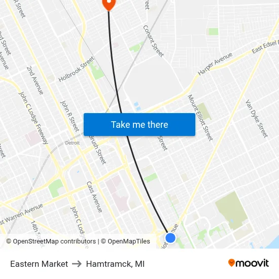 Eastern Market to Hamtramck, MI map