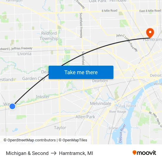 Michigan & Second to Hamtramck, MI map