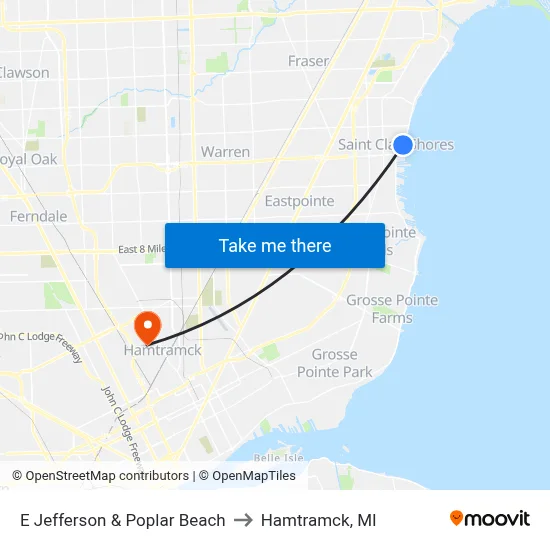 E Jefferson & Poplar Beach to Hamtramck, MI map