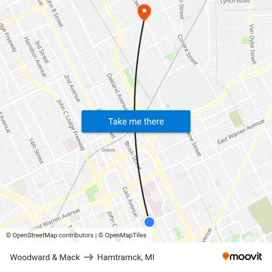 Woodward & Mack to Hamtramck, MI map