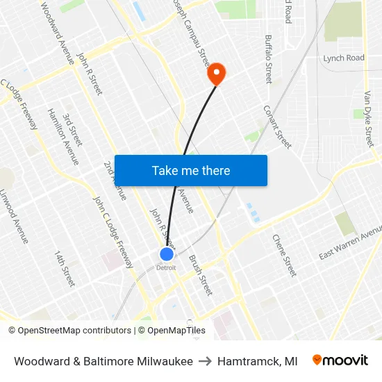 Woodward & Baltimore Milwaukee to Hamtramck, MI map