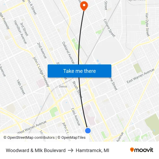 Woodward & Mlk Boulevard to Hamtramck, MI map