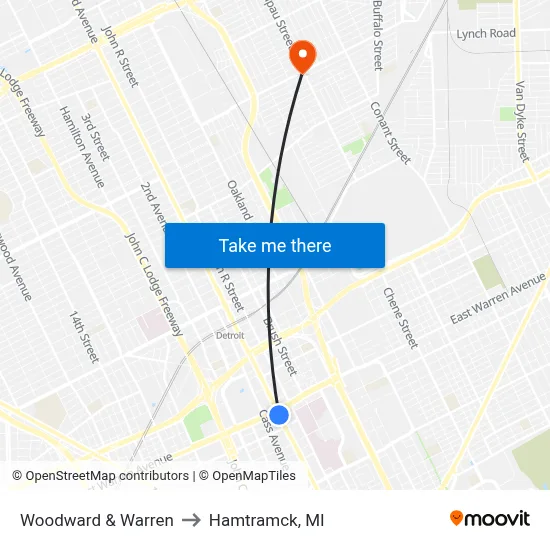 Woodward & Warren to Hamtramck, MI map