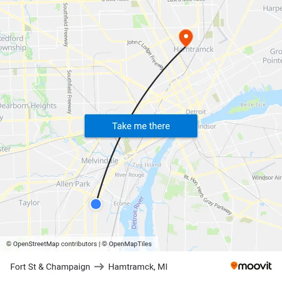 Fort St & Champaign to Hamtramck, MI map