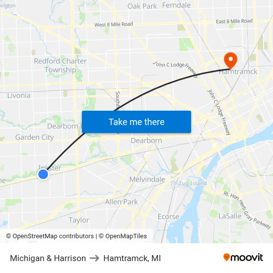 Michigan & Harrison to Hamtramck, MI map
