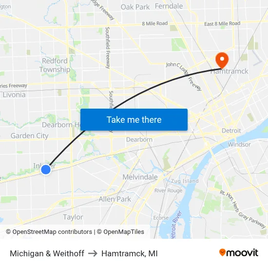 Michigan & Weithoff to Hamtramck, MI map