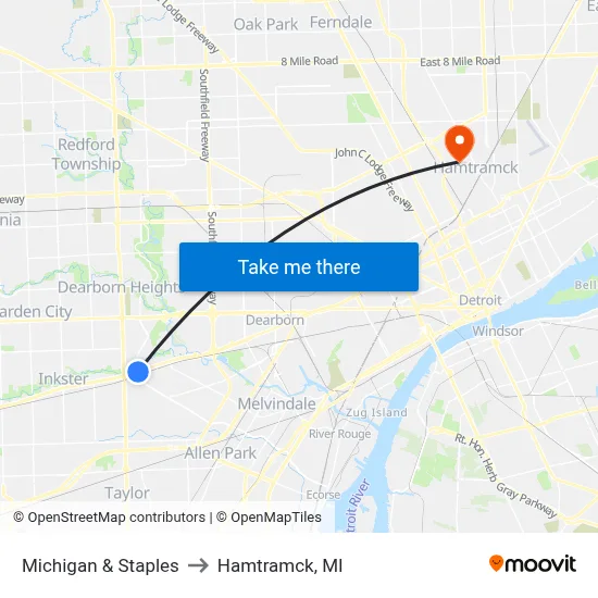 Michigan & Staples to Hamtramck, MI map