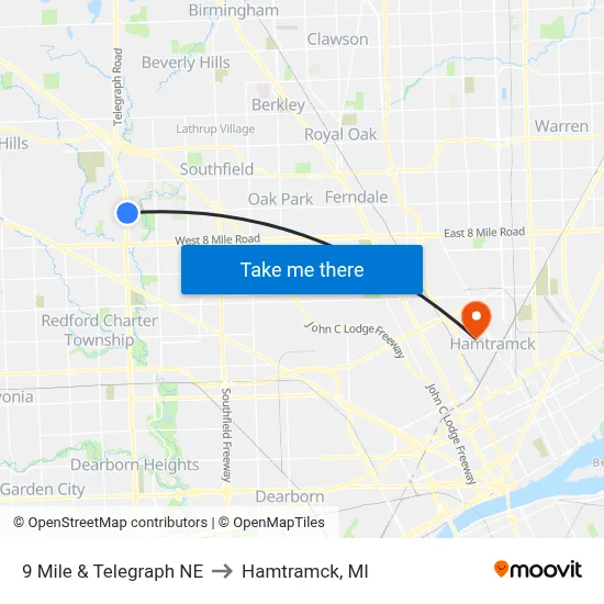 9 Mile & Telegraph NE to Hamtramck, MI map