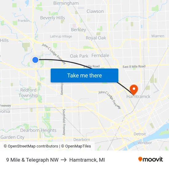 9 Mile & Telegraph NW to Hamtramck, MI map
