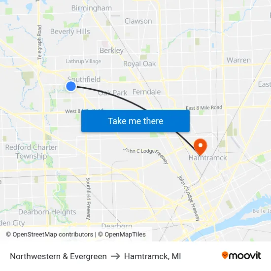 Northwestern & Evergreen to Hamtramck, MI map