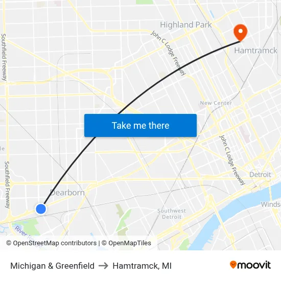 Michigan & Greenfield to Hamtramck, MI map